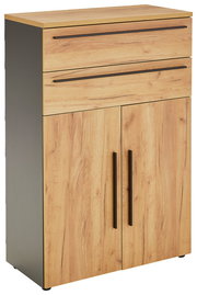 Holzfarbener Aktenschrank mit zwei Schubladen und zwei Türen, seitliche Perspektive