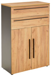 Holzfarbener Aktenschrank mit zwei Schubladen und zwei Türen, seitliche Perspektive