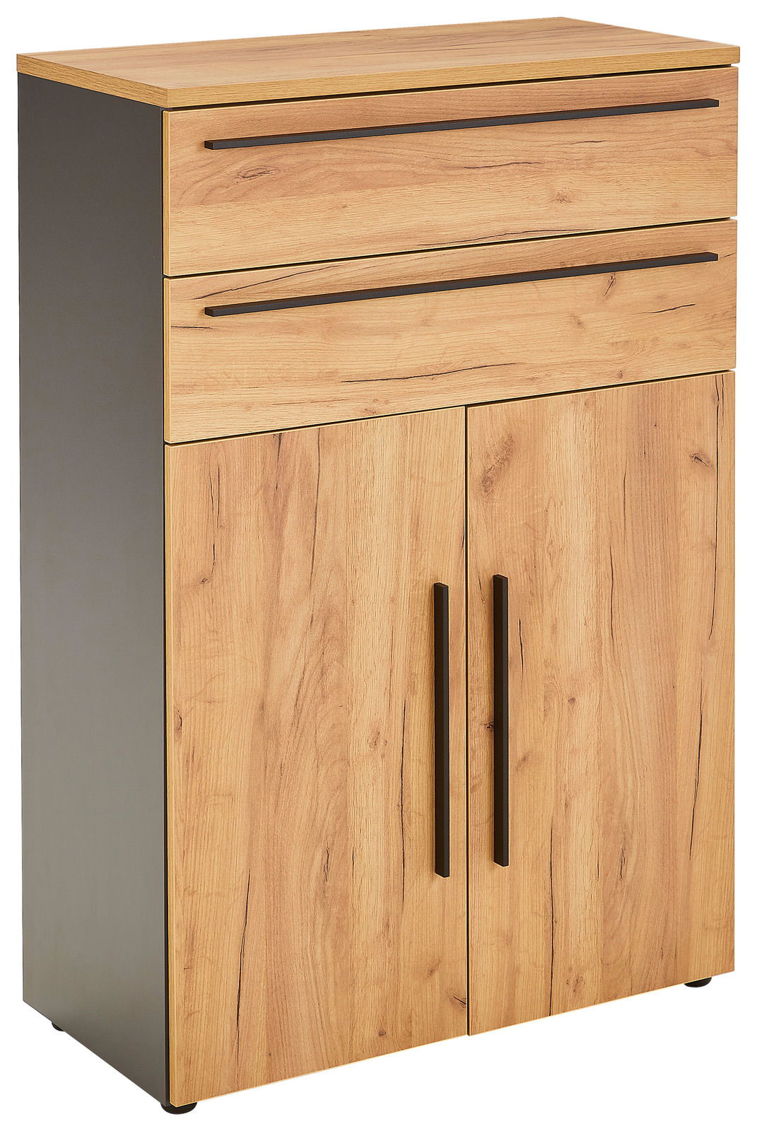 Holzfarbener Aktenschrank mit zwei Schubladen und zwei Türen, seitliche Perspektive
