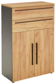 Holzfarbener Aktenschrank mit zwei Schubladen und zwei Türen, seitliche Perspektive