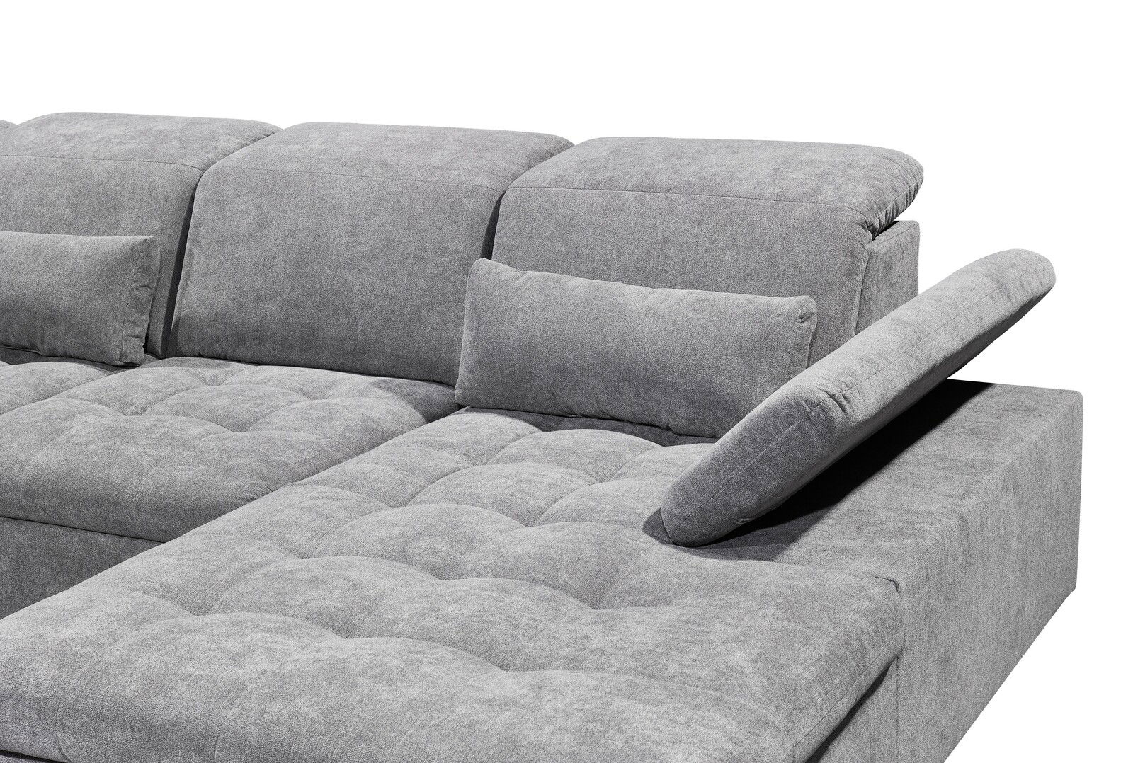 Graues Ecksofa mit verstellbarer Rückenlehne und Kissen, seitliche Perspektive