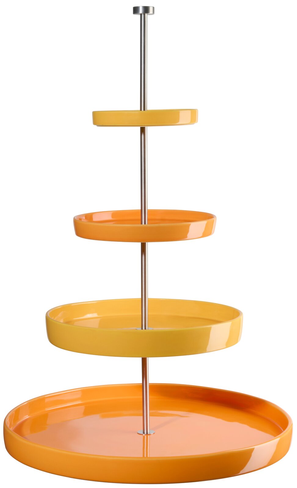 Vierstöckige Etagere mit runden, glänzenden Tellern in Gelb- und Orangetönen und zentraler Metallstange, freigestellt auf weißem Hintergrund, Frontansicht.