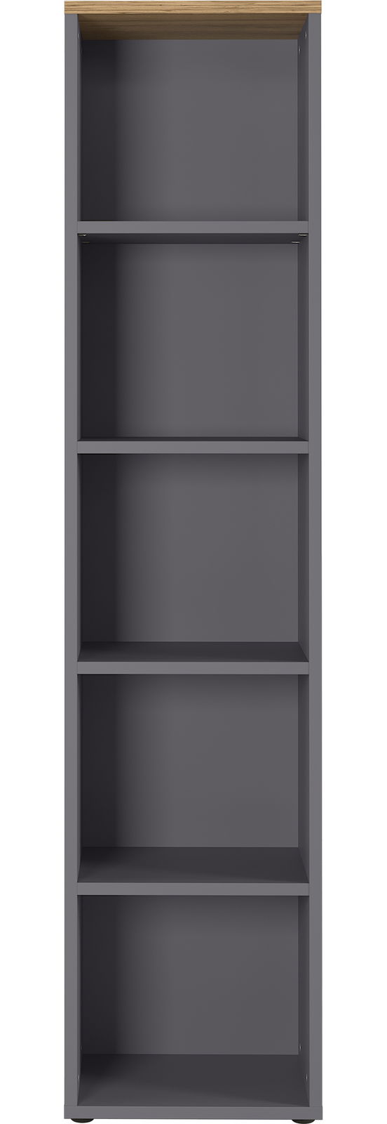 Frontale Ansicht eines grauen Aktenregals mit fünf offenen Fächern und einer Holzoberfläche.