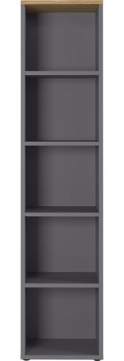 Frontale Ansicht eines grauen Aktenregals mit fünf offenen Fächern und einer Holzoberfläche.