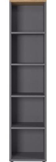 Frontale Ansicht eines grauen Aktenregals mit fünf offenen Fächern und einer Holzoberfläche.