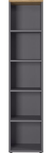 Frontale Ansicht eines grauen Aktenregals mit fünf offenen Fächern und einer Holzoberfläche.