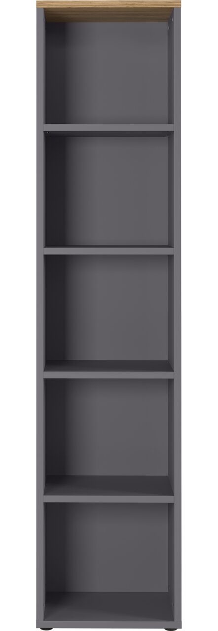 Frontale Ansicht eines grauen Aktenregals mit fünf offenen Fächern und einer Holzoberfläche.