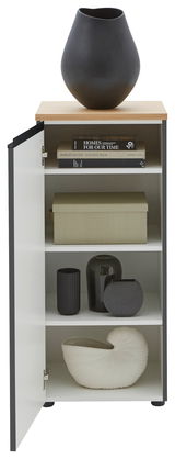Kommode LENDINA von Dieter Knoll mit geöffneter Tür, zeigt Innenregale mit Büchern, Dekorboxen und Vasen, aus frontaler Perspektive.