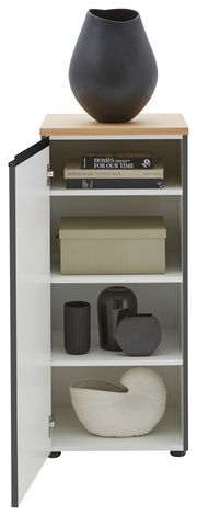 Kommode LENDINA von Dieter Knoll mit geöffneter Tür, zeigt Innenregale mit Büchern, Dekorboxen und Vasen, aus frontaler Perspektive.