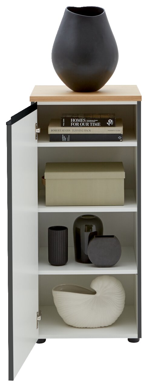 Kommode LENDINA von Dieter Knoll mit geöffneter Tür, zeigt Innenregale mit Büchern, Dekorboxen und Vasen, aus frontaler Perspektive.