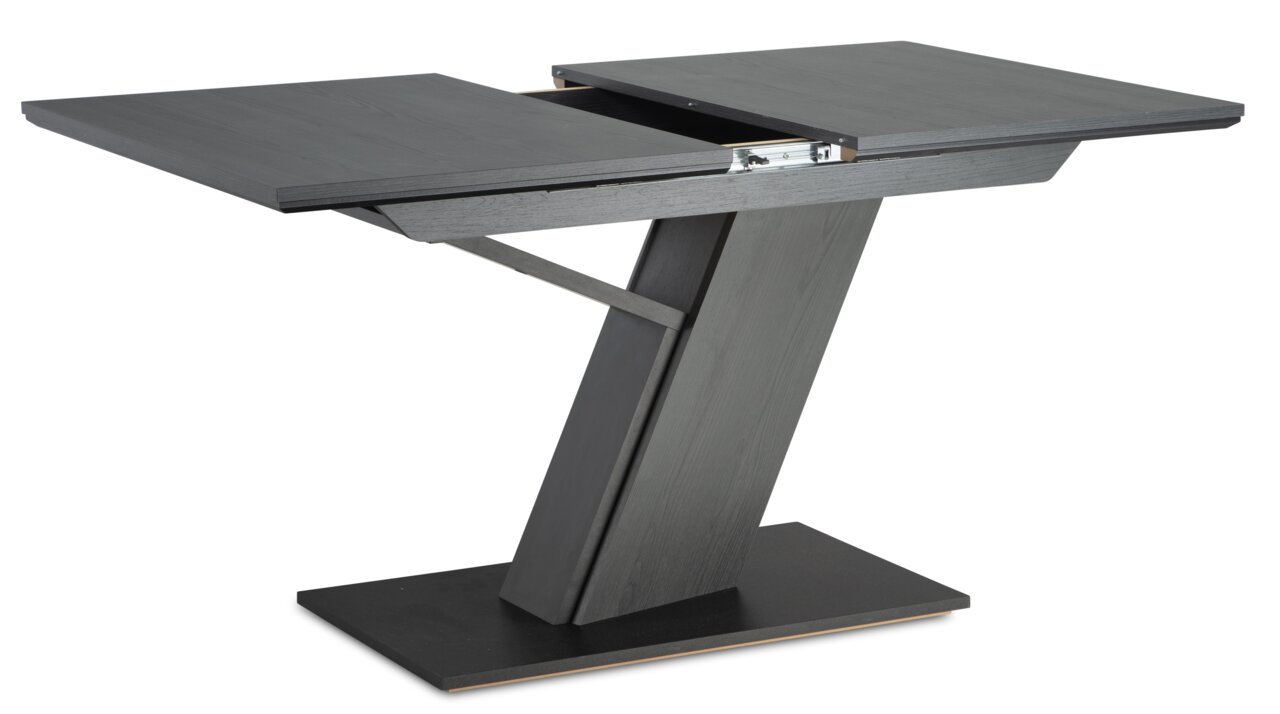 Moderner, ausziehbarer Tisch mit schrägem Standfuß in dunkler Holzoptik, seitliche Perspektive.