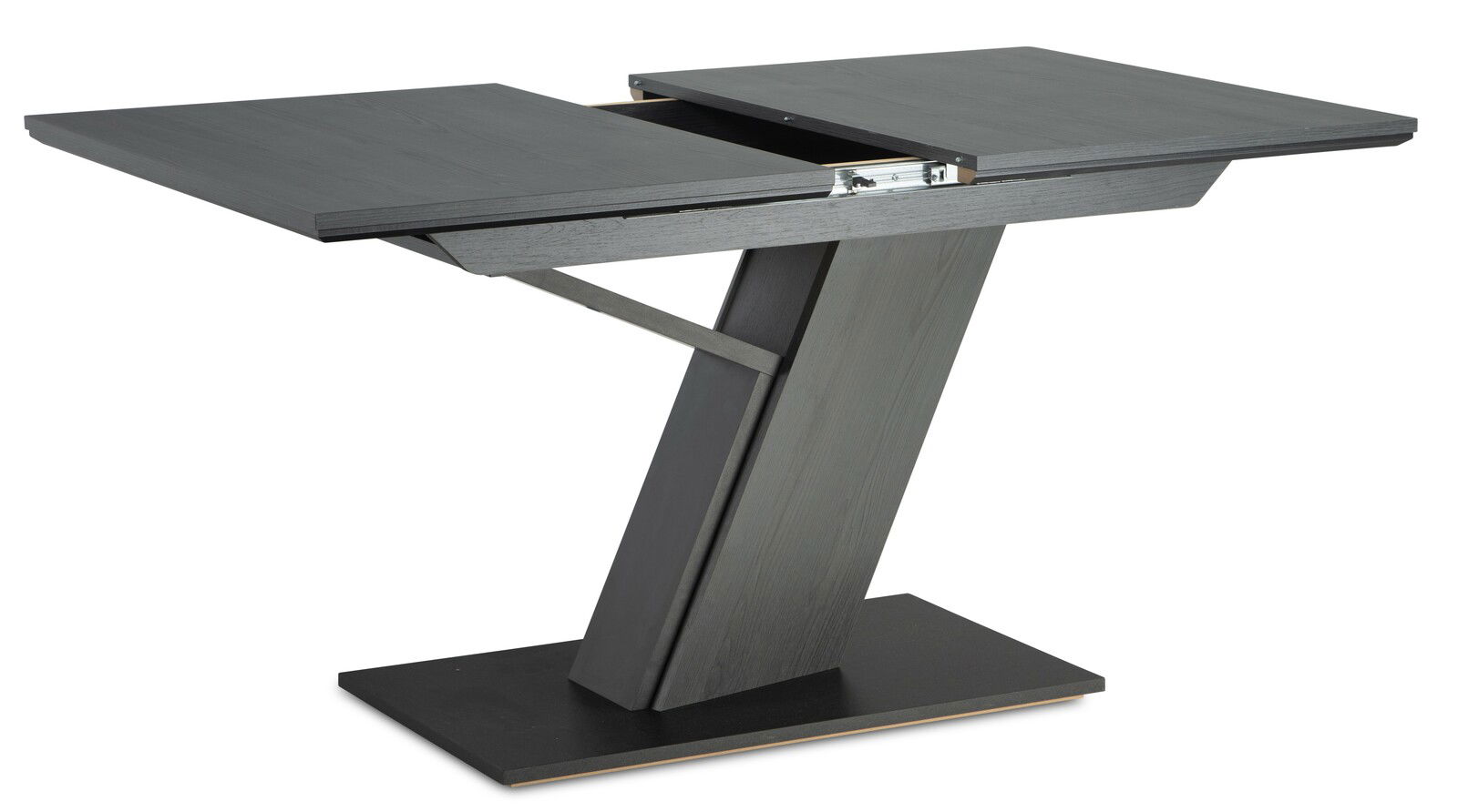 Moderner, ausziehbarer Tisch mit schrägem Standfuß in dunkler Holzoptik, seitliche Perspektive.