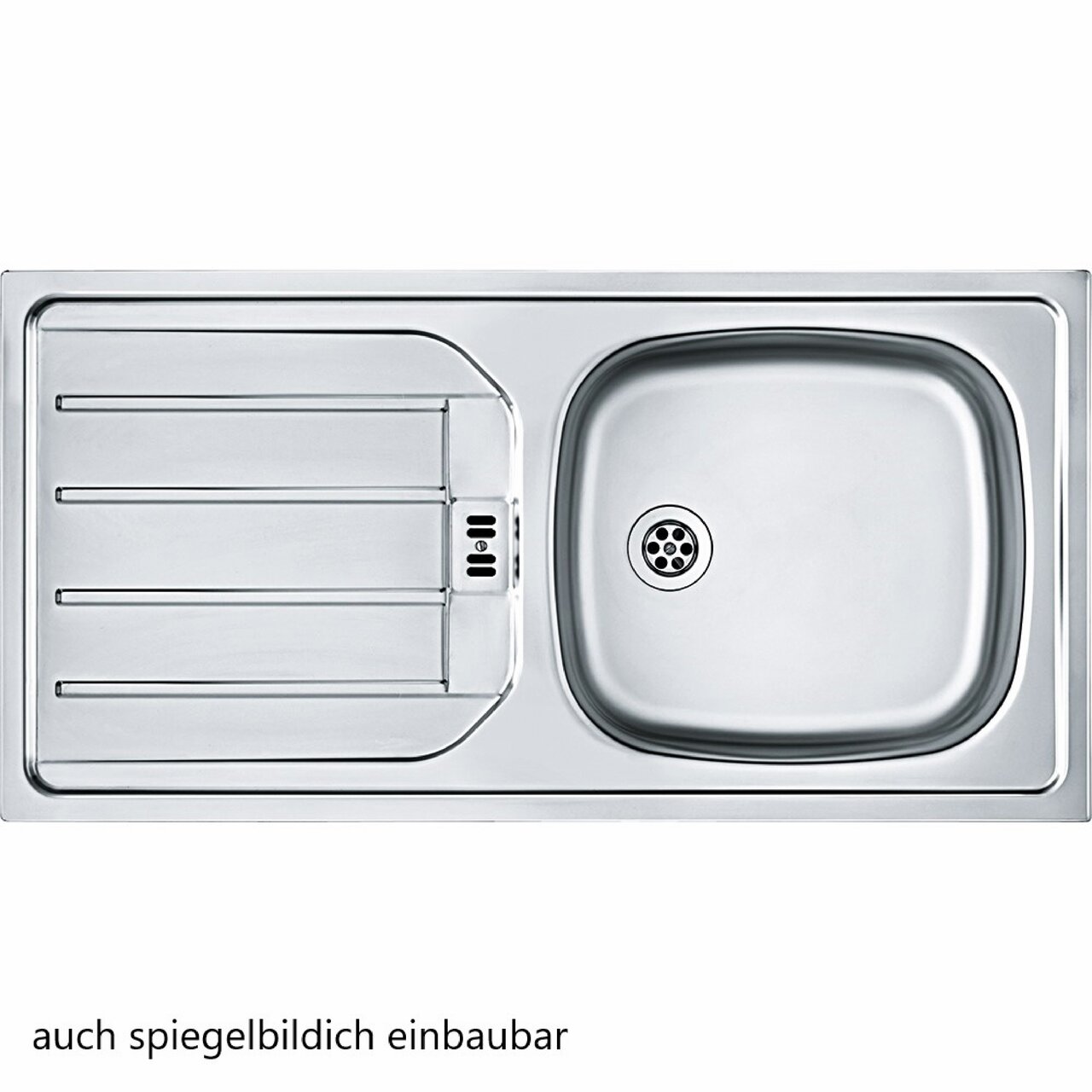 Edelstahlspüle mit Abtropffläche, Draufsicht, auch spiegelbildlich einbaubar