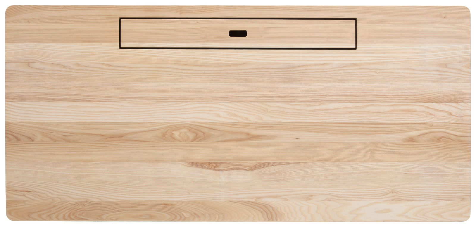 Vogelperspektive auf eine Schreibtischplatte aus hellem Holz mit einer rechteckigen Aussparung in der Mitte.