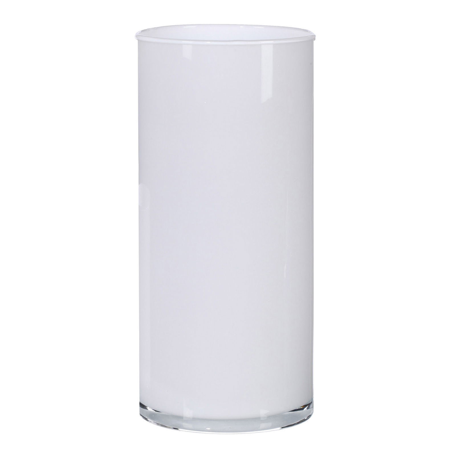 Weiße Glasvase in Zylinderform, frontal fotografiert
