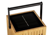 Solarlampe aus Holz mit schwarzem Griff und Solarpanel, Ansicht von oben