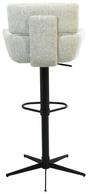 Rückansicht eines modernen Barhockers mit gepolsterter Rückenlehne und schwarzem Metallgestell.