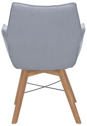 Rückansicht eines grauen Armlehnenstuhls mit Holzbeinen