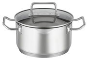 Edelstahlkochtopf mit Glasdeckel und seitlichen Griffen, Frontalansicht
