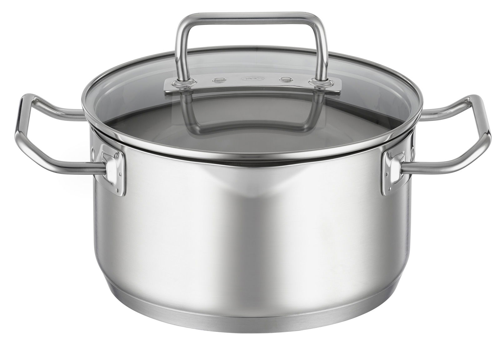 Edelstahlkochtopf mit Glasdeckel und seitlichen Griffen, Frontalansicht