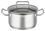 Edelstahlkochtopf mit Glasdeckel und seitlichen Griffen, Frontalansicht