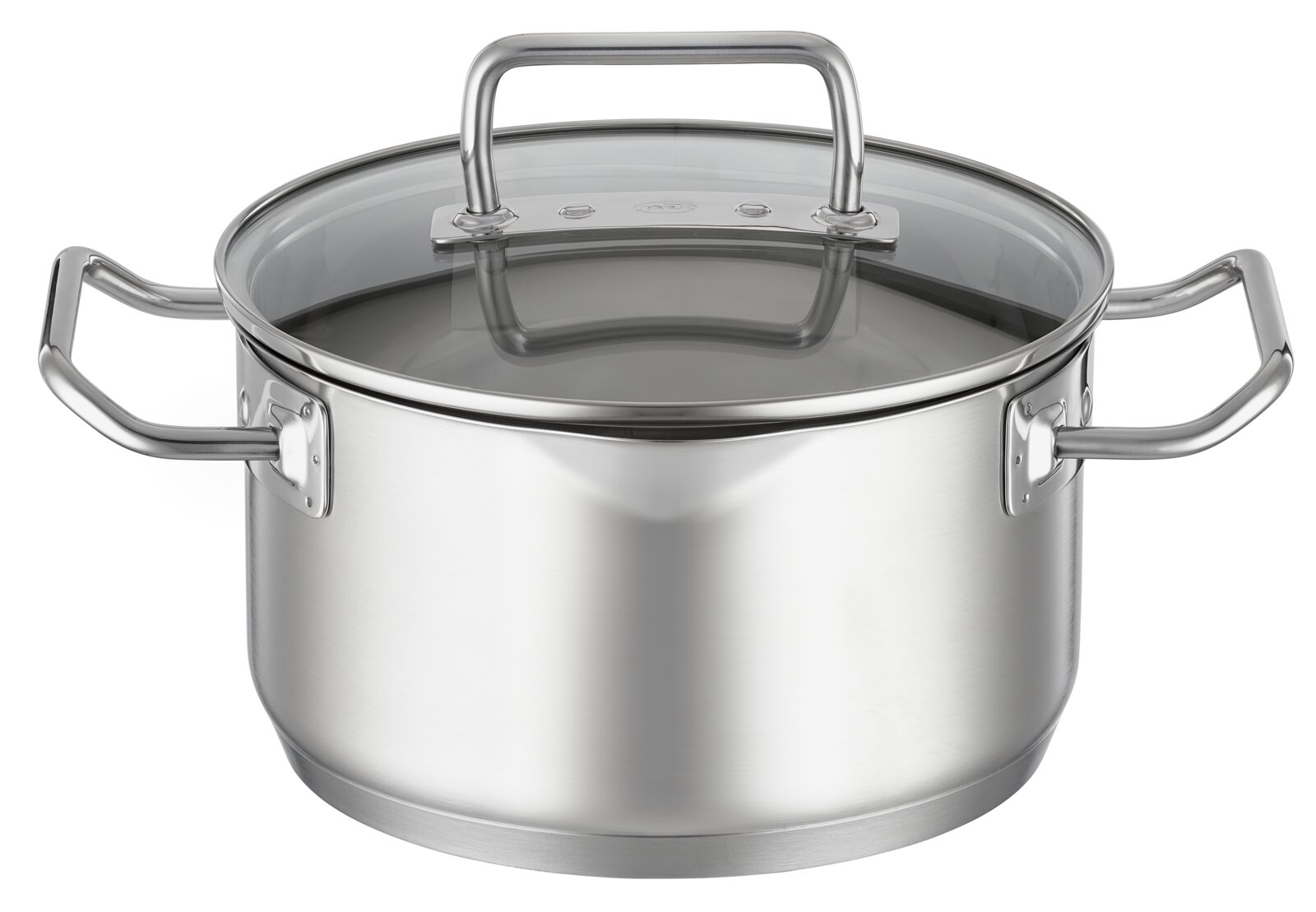 Edelstahlkochtopf mit Glasdeckel und seitlichen Griffen, Frontalansicht