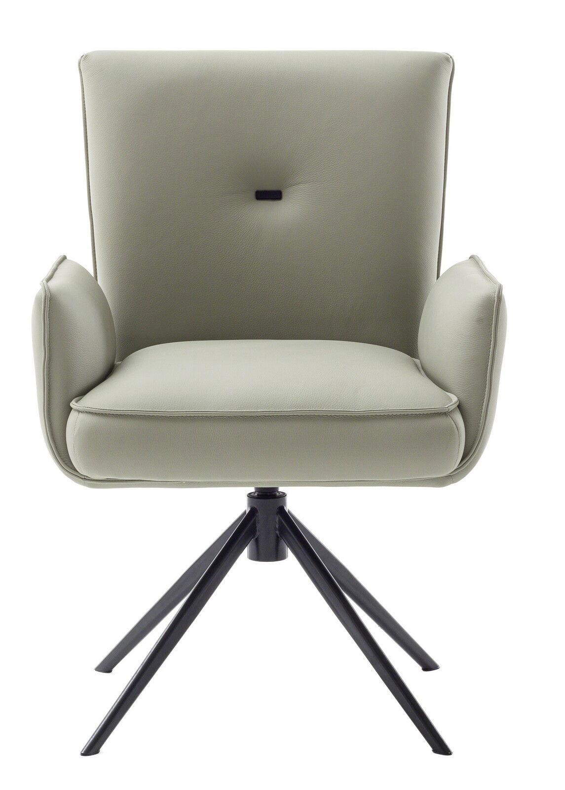 Moderner Sessel mit hellgrauem Bezug und schwarzem Metallgestell, Frontalansicht