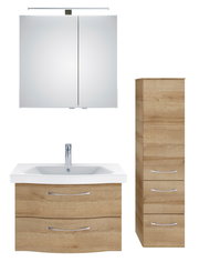 Badezimmermöbel-Set mit Spiegelschrank, Waschbeckenunterschrank und hohem Schrank in Holzoptik, Frontalansicht