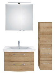 Badezimmermöbel-Set mit Spiegelschrank, Waschbeckenunterschrank und hohem Schrank in Holzoptik, Frontalansicht