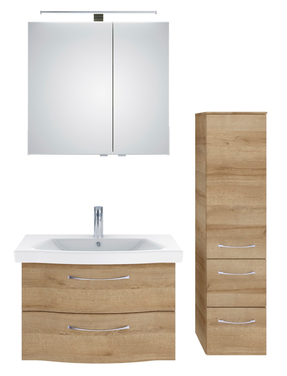 Badezimmermöbel-Set mit Spiegelschrank, Waschbeckenunterschrank und hohem Schrank in Holzoptik, Frontalansicht