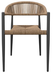 Vorderansicht eines modernen Stapelsessels mit geflochtenem Sitz und Rückenlehne, schwarzem Metallrahmen.