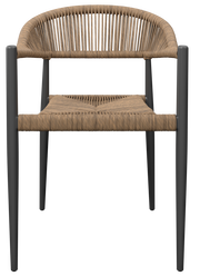 Vorderansicht eines modernen Stapelsessels mit geflochtenem Sitz und Rückenlehne, schwarzem Metallrahmen.
