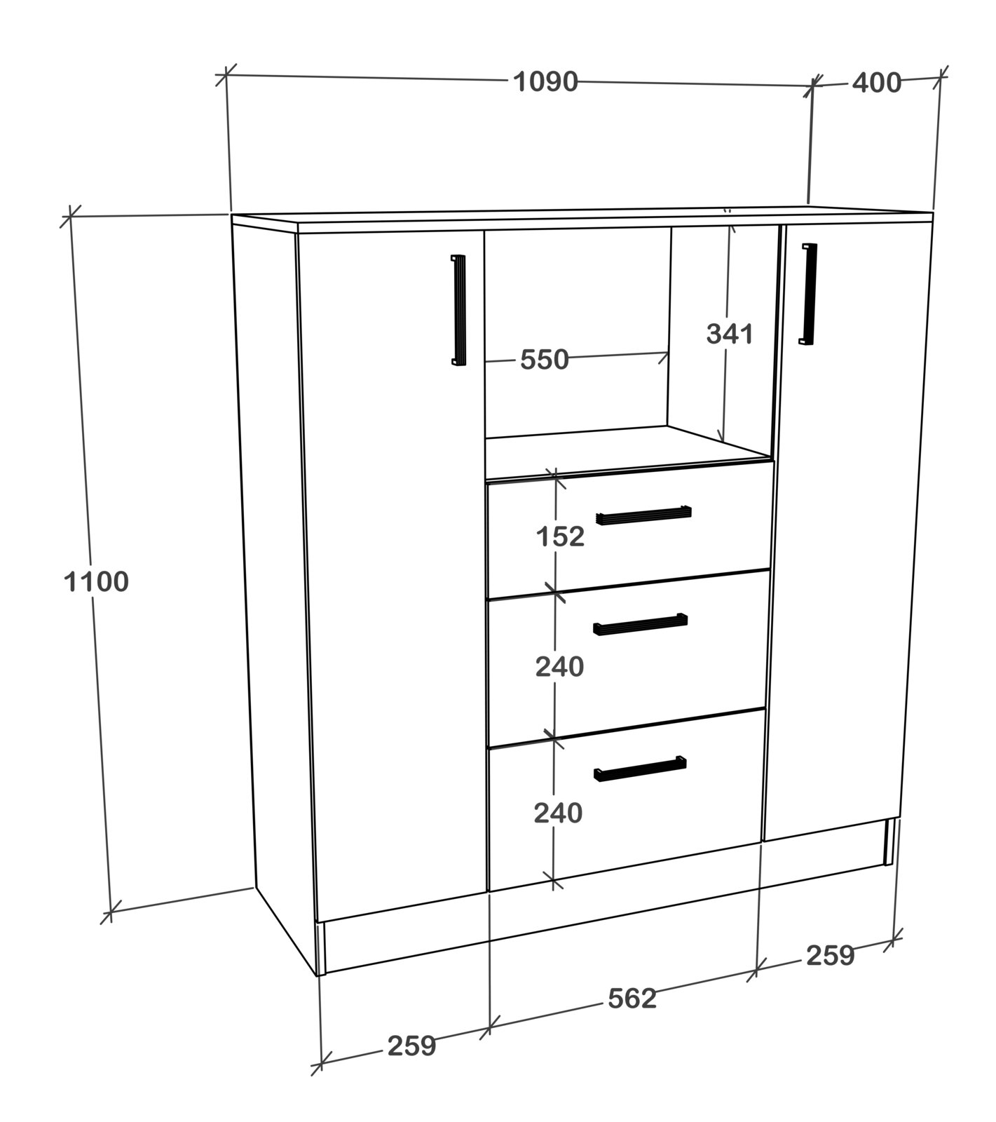 Technische Maßzeichnung einer Kommode/Anrichte mit zwei seitlichen Türen, mittigem offenen Fach und drei Schubladen, Gesamtmaß ca. 1090 × 1100 × 400 mm, dargestellt in schräger Frontansicht (Perspektive von vorne rechts).