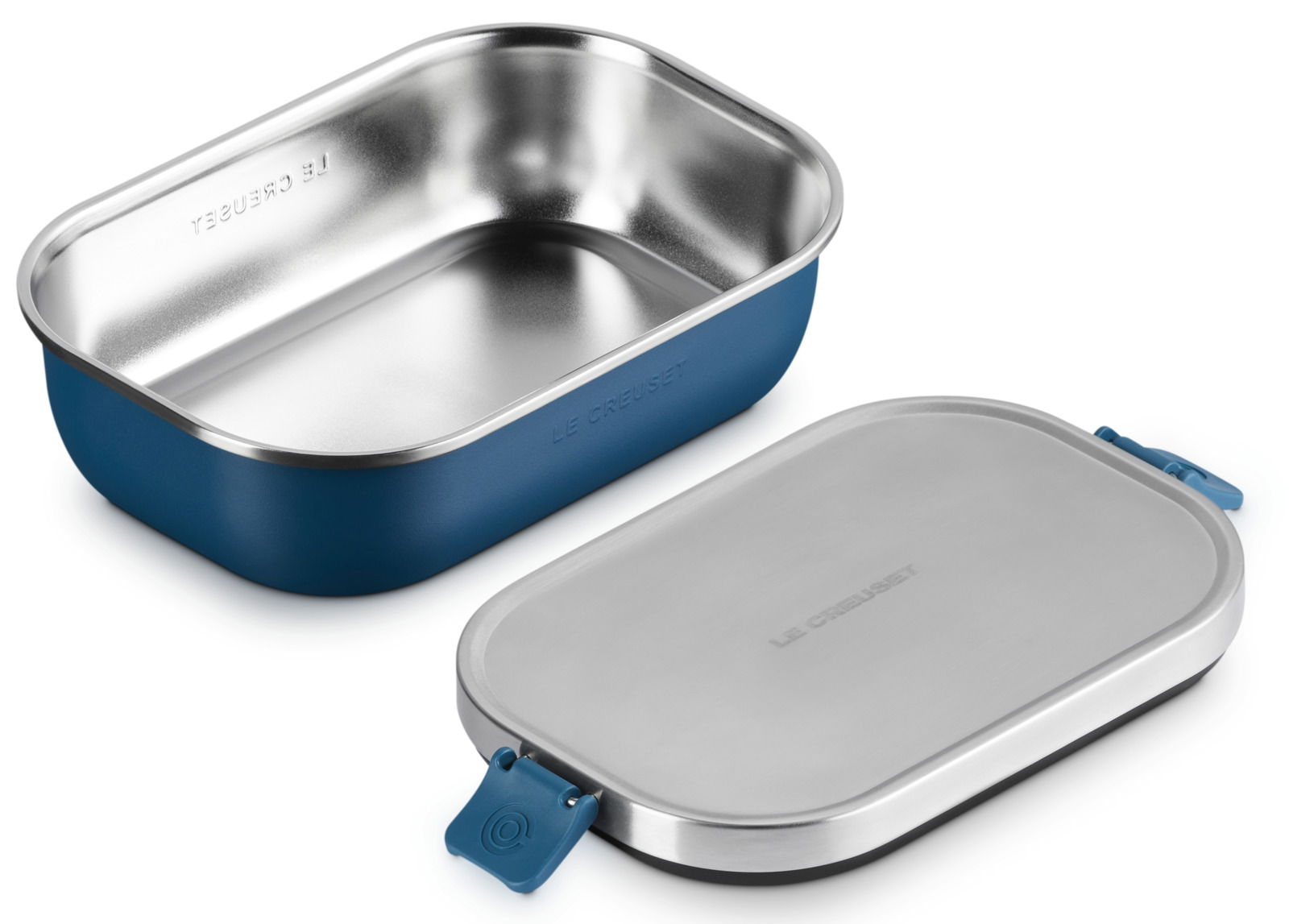 LE CREUSET Lunchbox Deep Teal ON THE GO Lunchbox 900ml in tiefem Blau mit abnehmbarem Deckel, aus Edelstahl, perspektivisch von oben gezeigt
