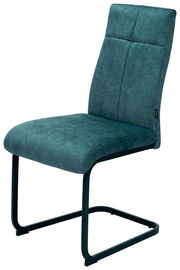 Moderner Schwingstuhl mit grünem Stoffbezug und schwarzem Metallgestell, seitliche Perspektive