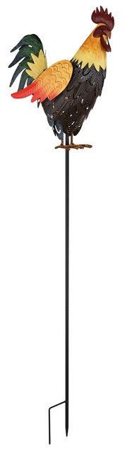 Bunte Solarleuchte in Form eines Hahns, seitliche Perspektive