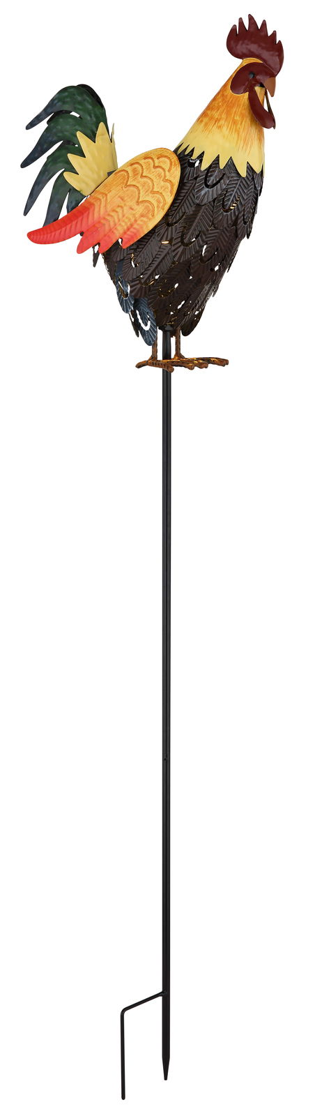 Bunte Solarleuchte in Form eines Hahns, seitliche Perspektive