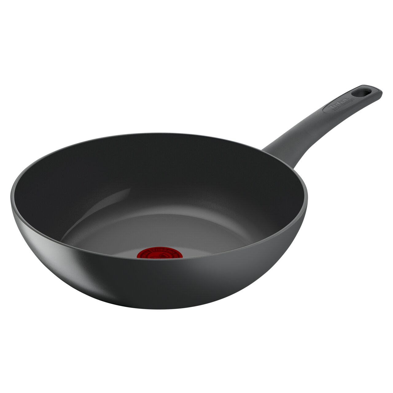 Graue Wokpfanne 28cm mit rotem Thermo-Spot, seitliche Perspektive