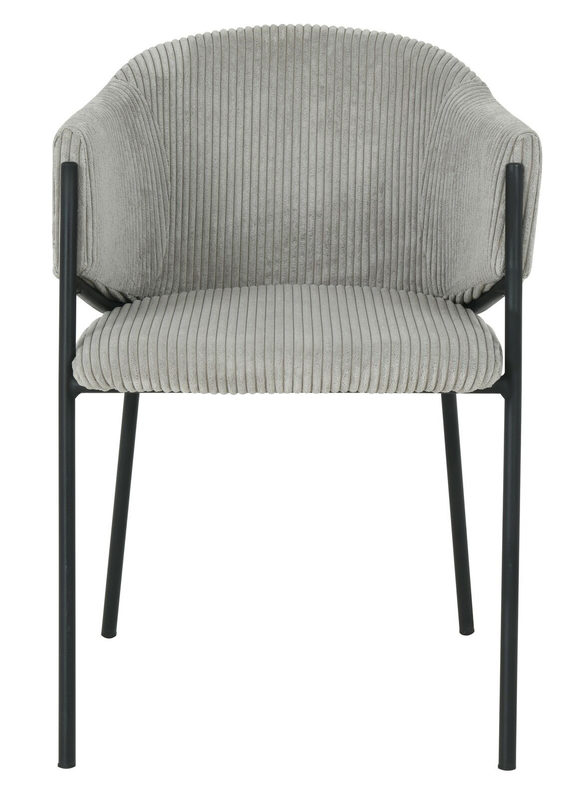 Frontansicht eines grauen Armlehnstuhls mit geripptem Stoffbezug und schwarzen Metallbeinen.