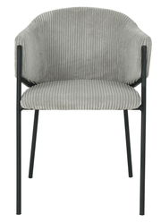 Frontansicht eines grauen Armlehnstuhls mit geripptem Stoffbezug und schwarzen Metallbeinen.