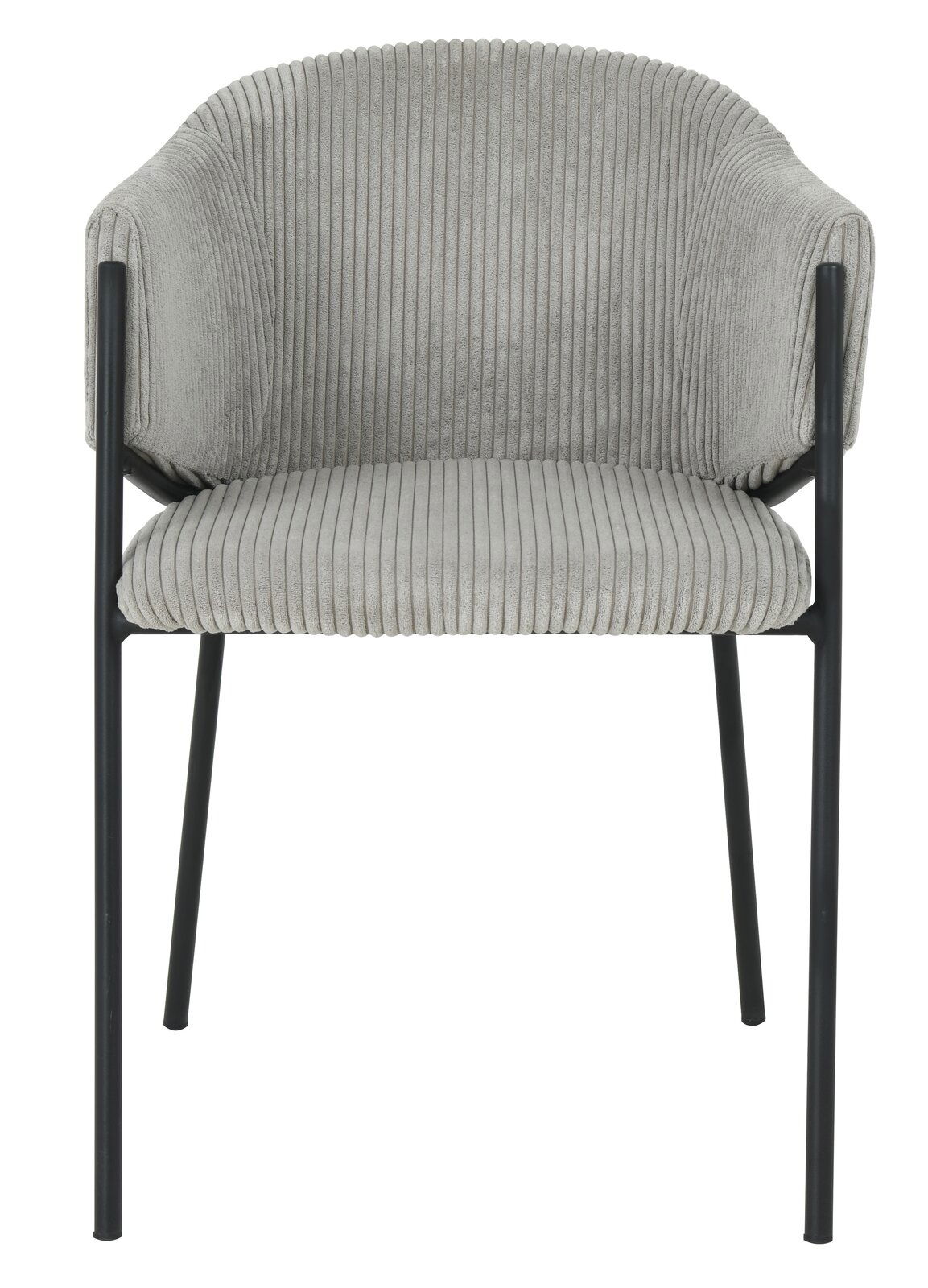 Frontansicht eines grauen Armlehnstuhls mit geripptem Stoffbezug und schwarzen Metallbeinen.