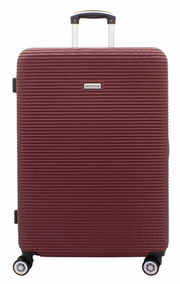 Burgunderfarbener Trolley mit geriffelter Oberfläche, vier Rollen und ausziehbarem Griff, Vorderansicht