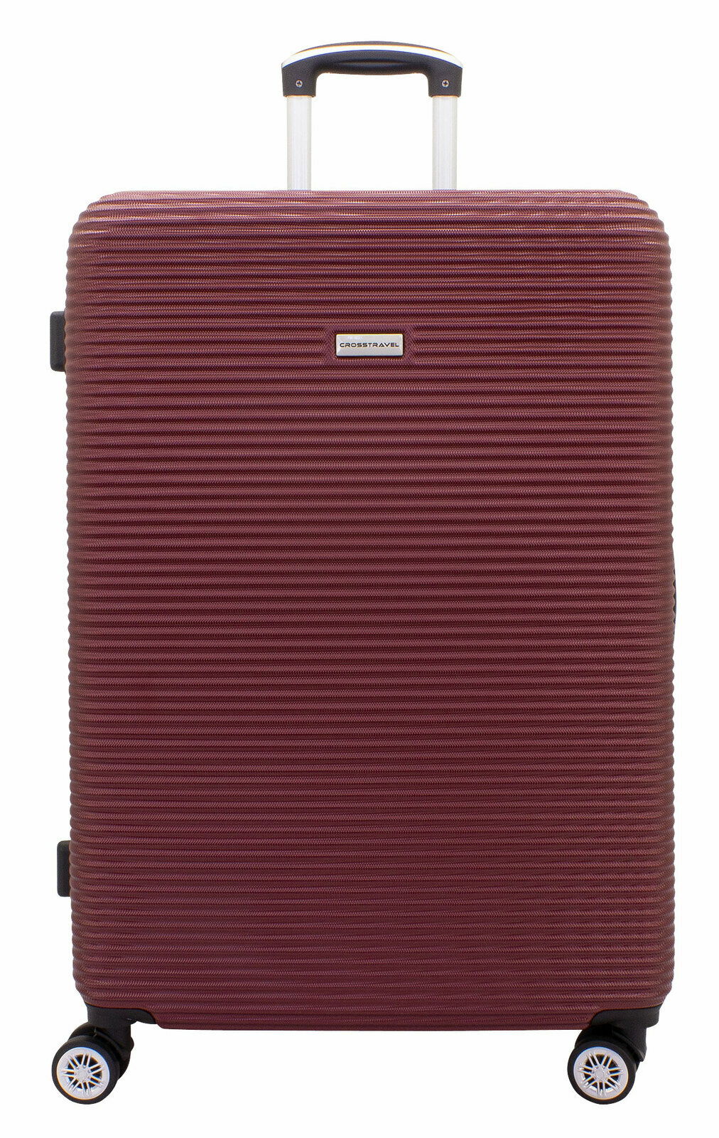 Burgunderfarbener Trolley mit geriffelter Oberfläche, vier Rollen und ausziehbarem Griff, Vorderansicht