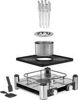 Explosionsansicht der Lumero Gourmet Station 3-in-1 mit Fonduegabeln, Topf, Grillplatte und Basisstation aus Edelstahl, seitliche Perspektive.