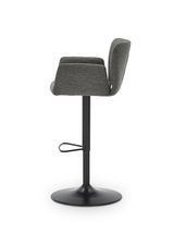 Seitenansicht eines modernen Barhockers mit grauem Stoffbezug und schwarzem Metallgestell.