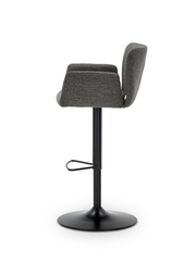 Seitenansicht eines modernen Barhockers mit grauem Stoffbezug und schwarzem Metallgestell.