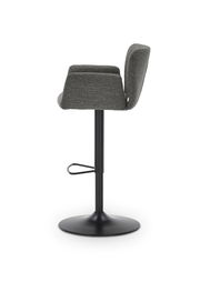 Seitenansicht eines modernen Barhockers mit grauem Stoffbezug und schwarzem Metallgestell.