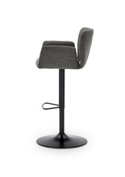Zijaanzicht van een moderne barkruk met grijze stoffen bekleding en een zwart metalen frame.