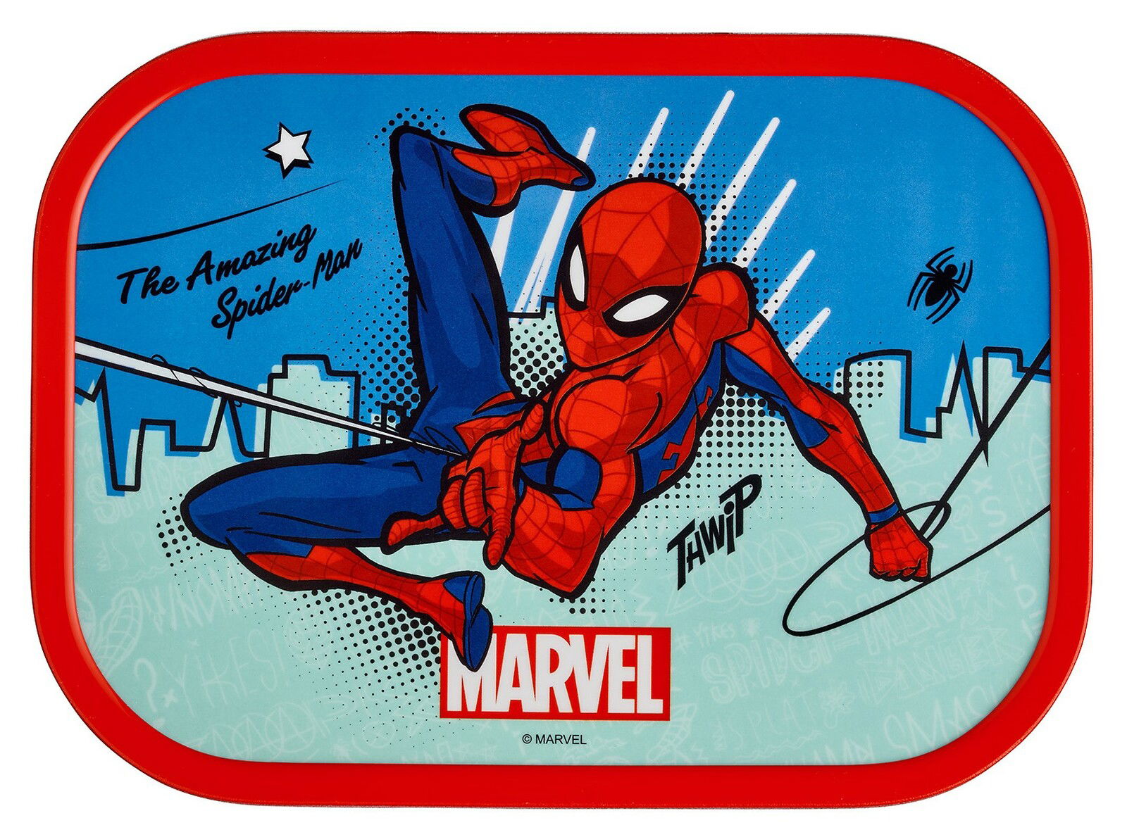 Lunchset mit Spiderman-Motiv, zeigt Spiderman in Aktion, Vorderansicht