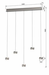 Moderne LED-Pendelleuchte mit fünf hängenden Leuchtkörpern, seitliche Perspektive.